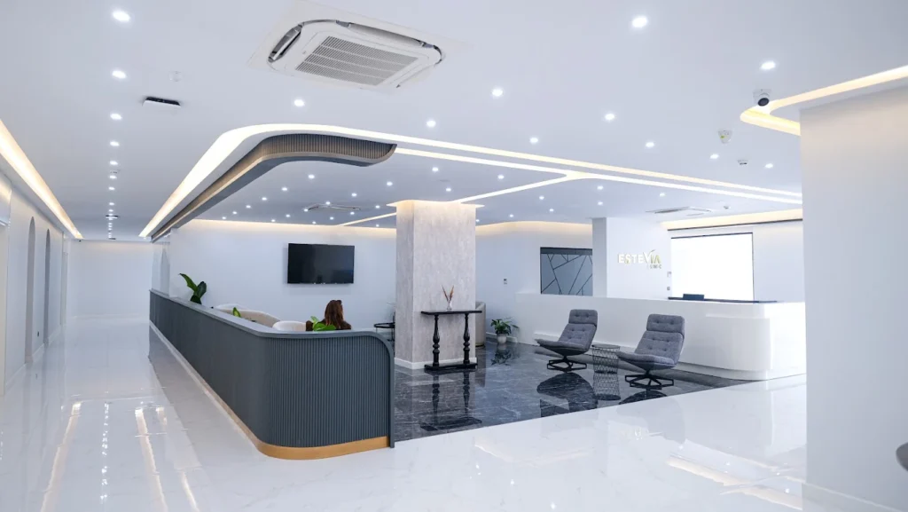 Modern dental clinic reception area in Antalya Turkey with friendly multilingual staff welcoming international patients