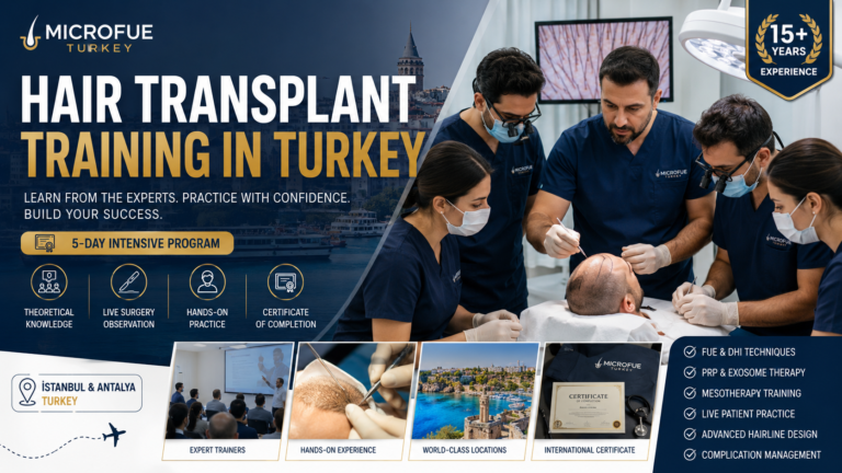 Hair Transplant Training in Turkey hands-on FUE and DHI training program at Micro FUE Turkey with live surgery practice, expert instructors, certification, and advanced hair restoration education in Istanbul and Antalya.
