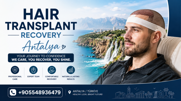 Hair Transplant Recovery Antalya patient during the healing process after a Sapphire FUE hair transplant, showing natural recovery, professional aftercare, healthy scalp, and expert hair restoration in Antalya, Turkey.
